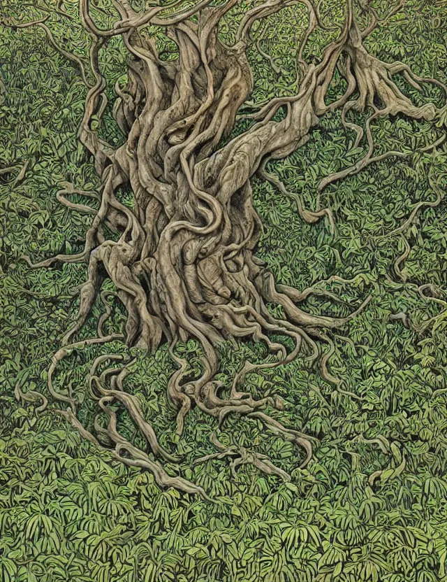 Prompt: an ancient tree with gnarled roots on a hill, there are rivulets of water running down and a maze on the ground by james jean and pascal blanche