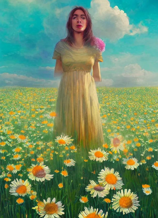 Image similar to portrait of a female face made of giant daisies, standing in a flower field, holding flowers, surreal photography, sunset dramatic light, impressionist painting, colorful clouds, large sky, digital painting, artstation, simon stalenhag