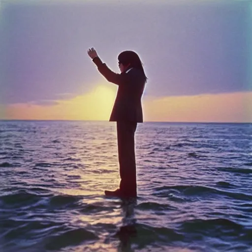 Image similar to japanese man with long hair in a suit standing in the ocean pointing!!!!!! at the camera, sunset, album cover, 1980, tatsuro yamashita