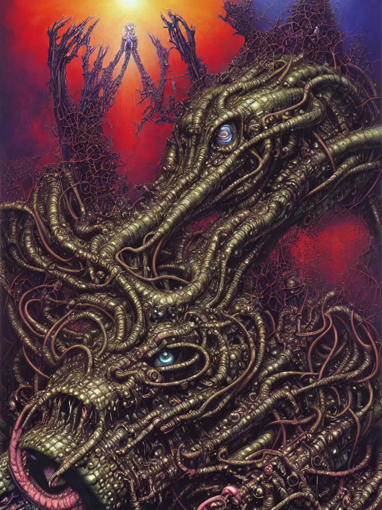 Prompt: realistic detailed image of Technological Nightmare Abomination Monster God by Rebecca Mills, Lisa Frank, Ayami Kojima, Amano, Karol Bak, Greg Hildebrandt, and Mark Brooks, Neo-Gothic, gothic, rich deep colors. Beksinski painting, part by Adrian Ghenie and Gerhard Richter. art by Takato Yamamoto. masterpiece