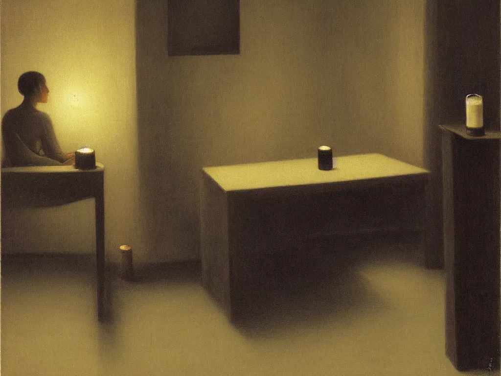 Prompt: meditative interior at night with candle. Vilhelm Hammershøi