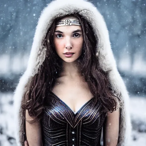 Image similar to a masterpiece portrait photo of a beautiful young woman who looks like an eskimo gal gadot, symmetrical face, random background scene