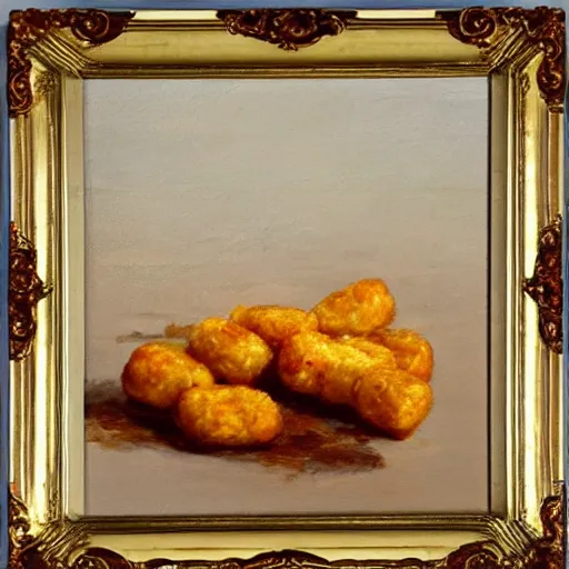 Prompt: the last tatertot, oil on canvas, beautiful ornate frame, award winning