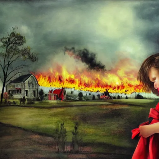 Prompt: young girl watching an old victorian house burning, the background burning houses, destroyed churches, and red ribbons fly into the black sky, Art by Sandra Pelser, surreal