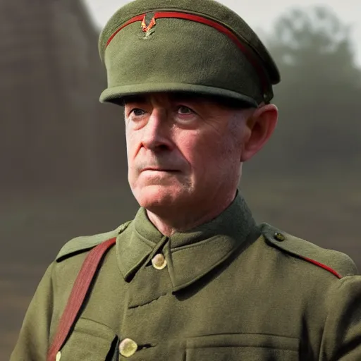 Image similar to movie scene jeremy corbin in ww 1 russian soldiers uniform, photorealistic, highly detailed 8 k