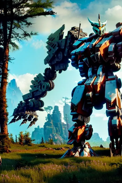 Image similar to a cinematic still from horizon zero dawn and pacific rim and westworld, full body mech, gundam, intact humanoid servo, octane render, nvidia raytracing demo, masterpiece, aged armor plating, decipticon armor plating, aggressive head, endoekeleton exposure