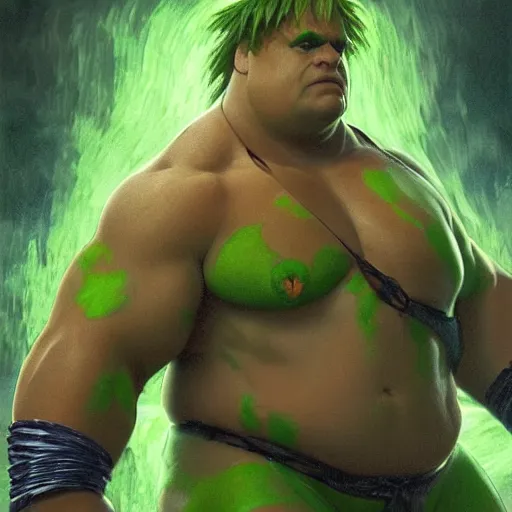 Image similar to chris farley as blanka from street fighter with green skin and orange body hair, flexing, ultra realistic, concept art, intricate details, eerie, highly detailed, photorealistic, octane render, 8 k, unreal engine. art by artgerm and greg rutkowski and magali villeneuve and alphonse mucha