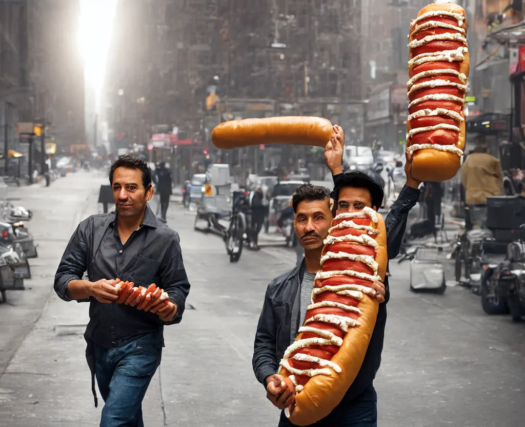 Prompt: closeup portrait of a man carrying a giant hotdog on his shoulder in a smoky new york back street, by Annie Leibovitz and Steve McCurry, natural light, detailed face, CANON Eos C300, ƒ1.8, 35mm, 8K, medium-format print