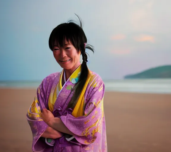 Prompt: a photo of a japanese woman in a beach at a colourful lighting, purple and yellow lighting