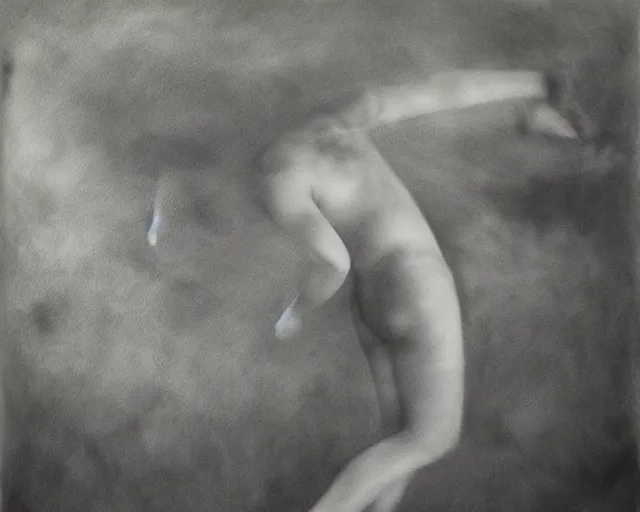 Image similar to a dreamy black and white photo of a person in the water, a surrealist painting by Nell Dorr, land art, surrealist, charcoal drawing, demonic photograph