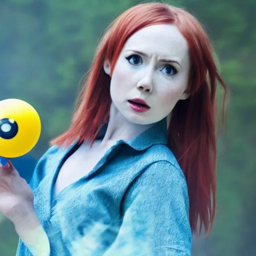 Prompt: Karen Gillan as Misty from Pokémon, Indigo League, outstretched arm holding a Poké Ball, close-up shot, photo realism, cinematic, realistic, 8K