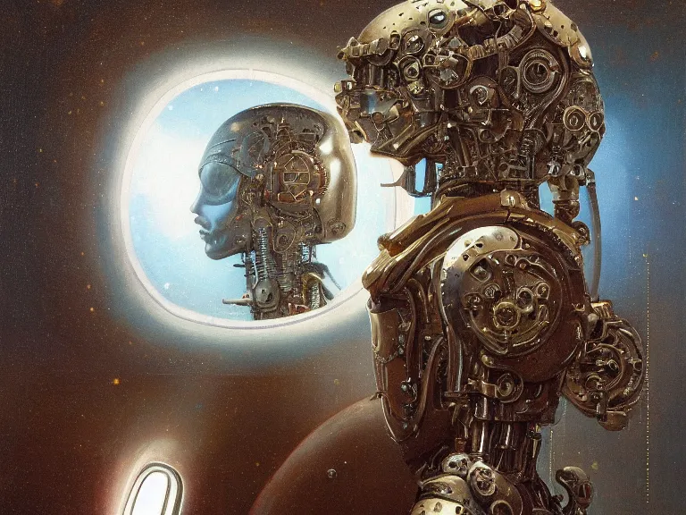 Image similar to a detailed profile oil painting of a polished humanoid robot with reflective visor, flight suit, portrait symmetrical and science fiction dieselpunk theme with aurora lighting by beksinski carl spitzweg and tuomas korpi. baroque elements, full-length view. baroque element. intricate artwork by caravaggio. Trending on artstation. 8k