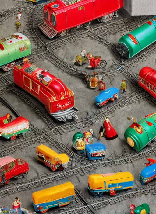 Prompt: wide - angle portrait of a retro tin toy train set, depth of field, zeiss lens, detailed, symmetrical, centered, fashion photoshoot, by nicoletta ceccoli, mark ryden, lostfish, earl nore, hyung tae, frank frazetta, breathtaking, 8 k resolution, extremely detailed, beautiful, establishing shot, artistic, hyperrealistic, octane render