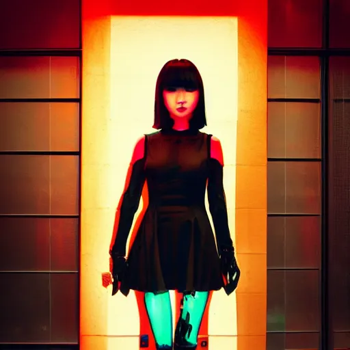 Image similar to asian goth in shinjuku, dark dress, cyberpunk, fashion, biomech, red and turquoise lights, black - red - turquoise - lips, conceptart, highlights, symmetrical, portrait, pretty face, octane, unreal, realism