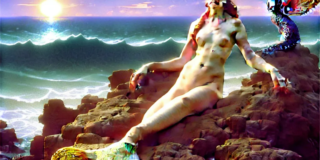 Prompt: ! dream long shot of big sun rough sea and jagged rocks with a beautiful mermaid sits on a rock surrouded by nets, plastic bottles, garbage, sand and sea, golden hour, fantasy, hyper realistic, art by artgerm and greg rutkowski and william - adolphe bouguereau environmental