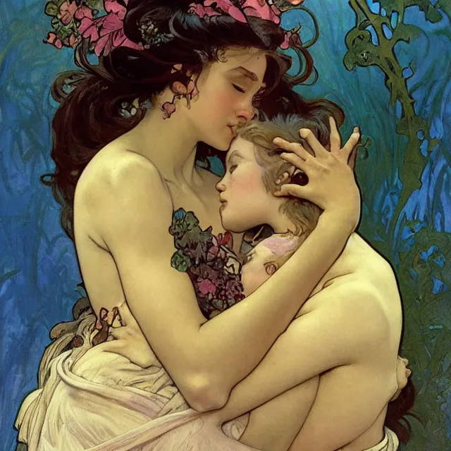 Image similar to an aesthetic! detailed portrait of an aesthetic woman crying mournfully while holding a child, by frank frazetta and alphonse mucha, oil on canvas, bright colors, art nouveau, epic composition, dungeons and dragons fantasy art, hd, god - rays, ray - tracing, crisp contour - lines, huhd - 8 k