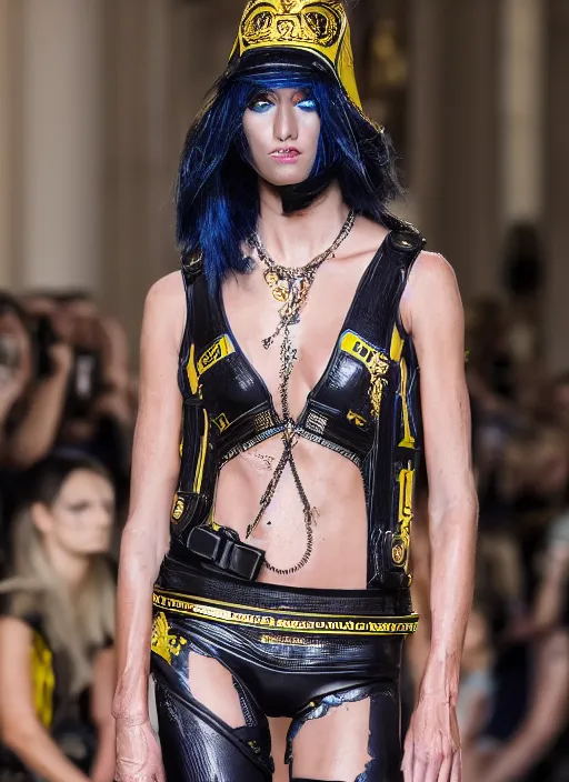 Image similar to hyperrealistic and heavy detailed versace runway show of judge dredd, leica sl 2 5 0 mm, vivid color, high quality, high textured, real life