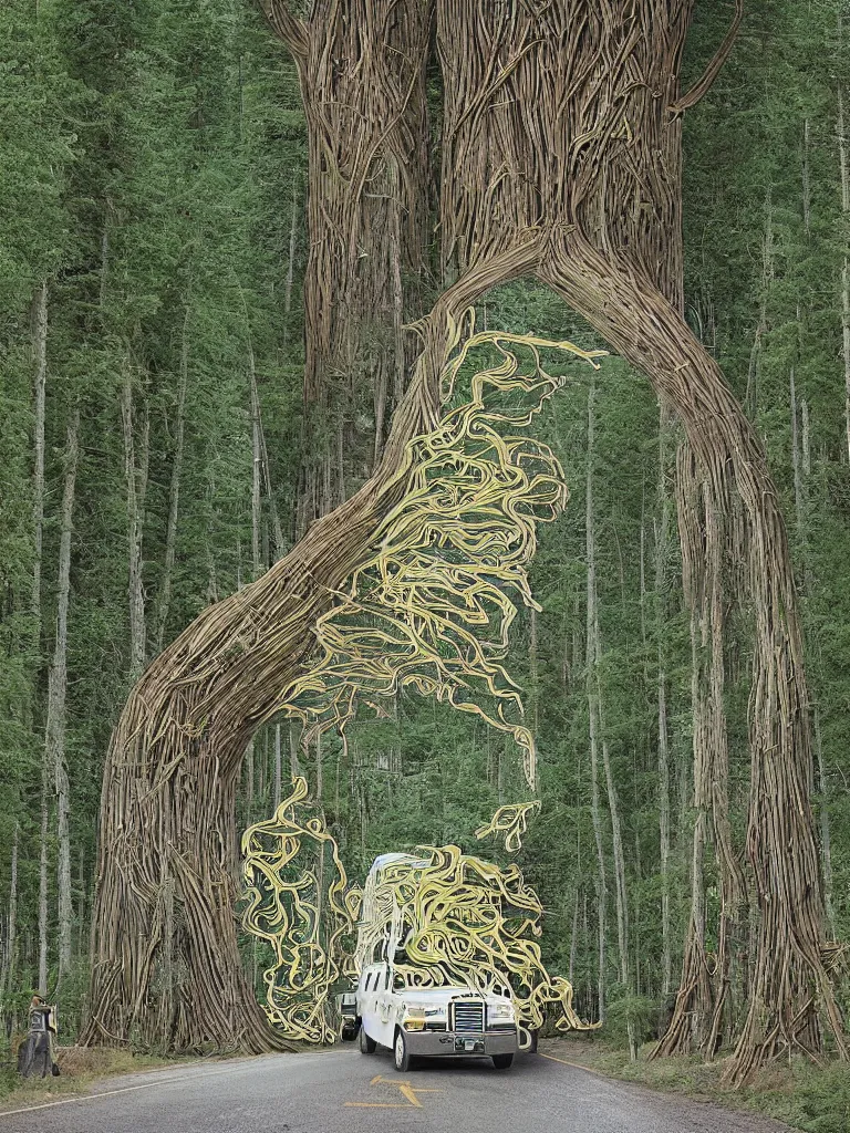 Image similar to a white school bus in the forest driving through a portal, hyper-detailed, digital art, artist Bev Dolittle