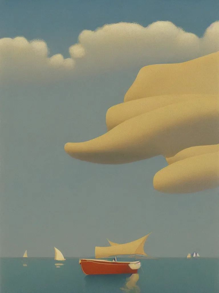 Prompt: a vintage neo retro poster of a boat in first plan floating on stylized water in bassin d'arcachon a sand dune in background surronded by the sky, australian tonalism, pale gradients design, matte drawing, clean and simple design, outrun color palette. Painting by Morandi, Agnes Pelton