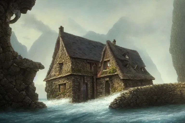 Image similar to submerged under the water of the ocean, a typical european house with a slate roof, submerged under the water of the ocean, school of fishes, scenic view, matte painting by christophe vacher and hubert robert, trending on artstation