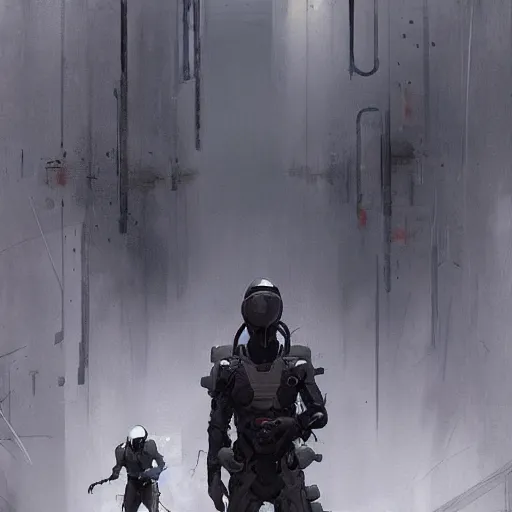 Prompt: concept art by greg rutkowski, three people running dressed in futuristic riot gear, in a claustrophobic, futuristic and brutalist environment, frightening and creepy atmosphere, scifi, highly detailed portrait, digital painting, artstation, concept art, smooth, sharp foccus ilustration, artstation hq