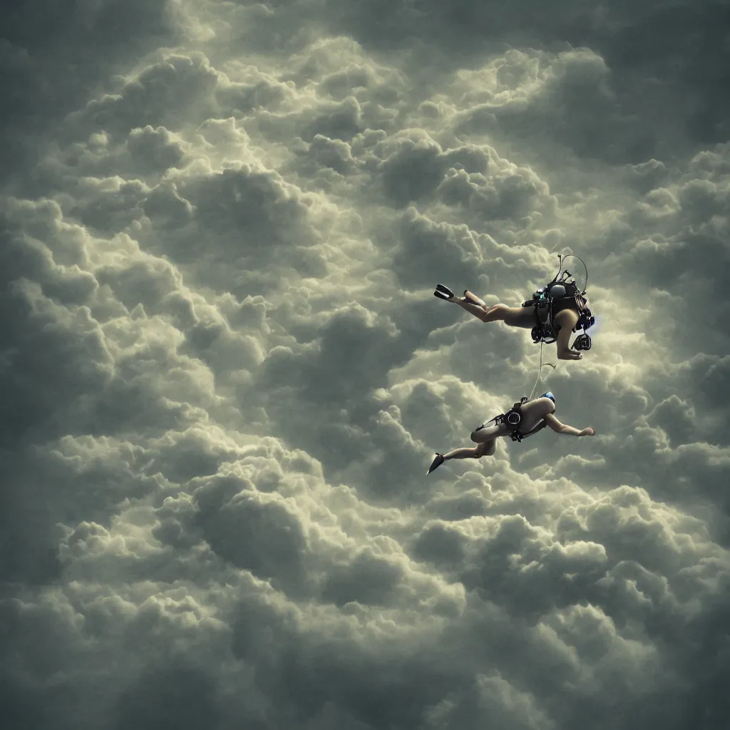 Image similar to a single scubadiver floating above the clouds, closeup, digital drawing