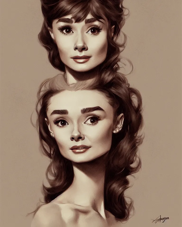 Image similar to portrait of a young audrey hepburn, upper bust, seductive eyes, long hair, joyful smirk, intricate, elegant, highly detailed, digital painting, artstation, concept art, matte, sharp focus, illustration, art by artgerm and greg rutkowski and alphonse mucha