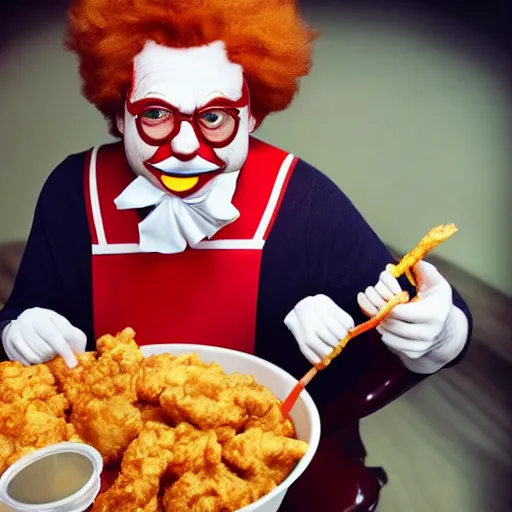 Image similar to Ronald McDonald eating a chicken leg out of a KFC bucket, hyper realistic, photography