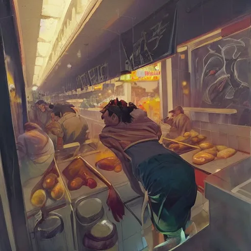 Image similar to low angle view of a butcher working, artwork medium shot, asymmetrical, profile picture, organic painting, night time, matte painting, bold shapes, hard edges, street art, trending on artstation, by huang guangjian and gil elvgren and sachin teng, from below, worms - eye - view, close - up!!!!!