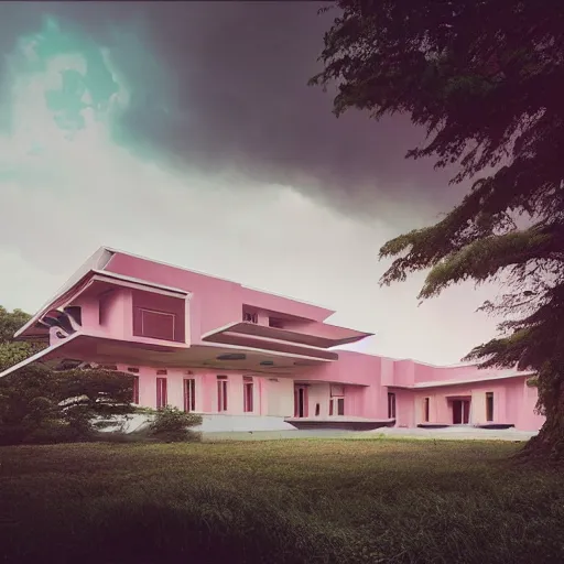 Image similar to modernist house inspired by a tibetan palace between big trees, light pink clouds, dramatic lighting, artstation, matte painting, raphael lacoste, simon stalenhag, frank lloyd wright, zaha hadid