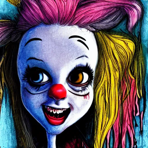 Image similar to grunge drawing of a happy billie eilish in the style of loony toons | horror themed | pennywise style