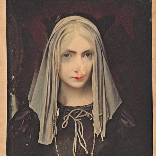 Image similar to dark portrait, blonde woman in medieval dress, strangled with hand, bluish face, closed eyes, victorian style, high detail