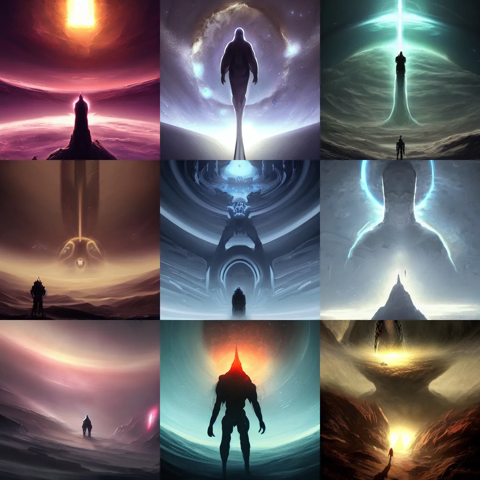 Prompt: behold the eternal space god beyond all comprehension, dramatic composition, a tiny floating astronaut silhouette faces the giant great enormous space god in the void of space, fantasy sci-fi art concept art, great sci-fi artists, top sci-fi artists, artstation, conceptartworld, pixiv, surreal digital painting, elegant and intricate and cinematic composition, dramatic lighting