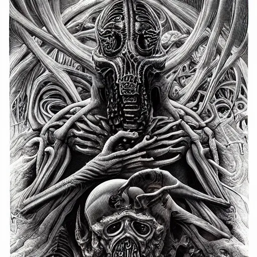 Image similar to Incomprehensible horror. Otherworldly. Impossible. Terrifying. Unnerving. H R Giger. Joe Fenton. Glenn Fabry. Dan Hilier. Extremely detailed. 4K.