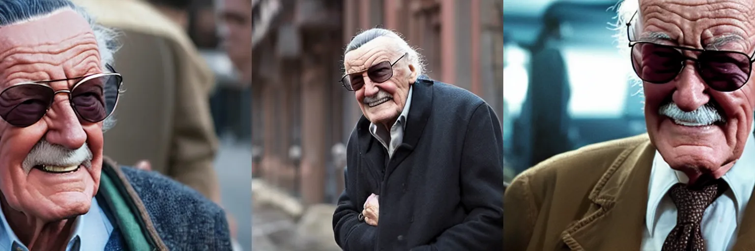 Prompt: close-up of Stan Lee as a detective in a movie directed by Christopher Nolan, movie still frame, promotional image, imax 70 mm footage