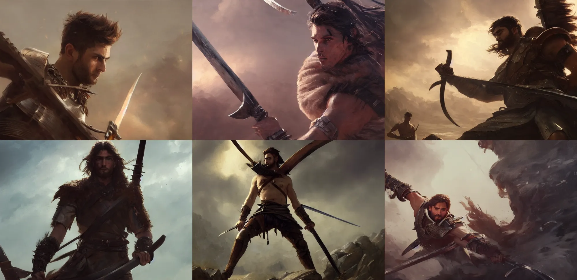 Prompt: close up cinematic artwork of a warrior with hazel eyes and brown hair in his twenties with his sword raised in the air, staring down the enemy by Greg Rutkowski, 4k, masterpiece