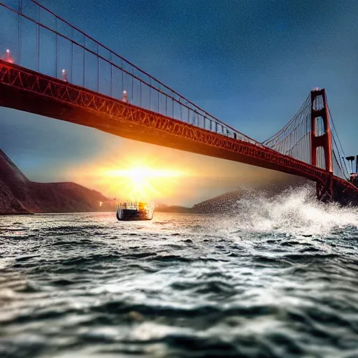 Prompt: a space ship emerging from beneath the San Francisco Bay, Golden Gate Bridge in background, epic VFX shot, water splashing, cinematic lighting, golden hour