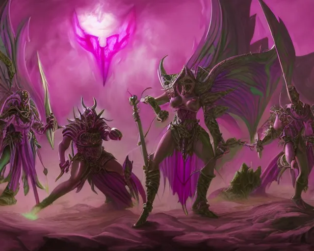 Image similar to wide shot of a chosen of slaanesh, pink and purple colours, bottom up green lighting, mutated, laughing, screaming, deep focus, d & d, fantasy, intricate, grim, highly detailed, digital painting, artstation, concept art, matte, sharp focus, illustration, hearthstone, art by artgerm and greg rutkowski and alphonse mucha