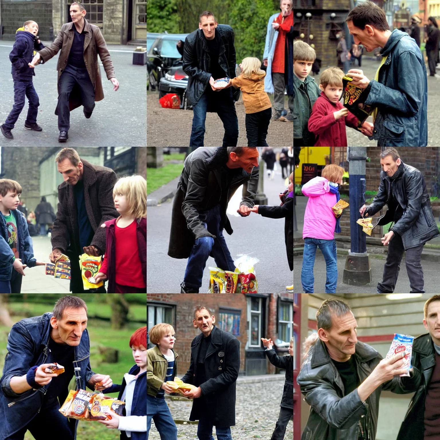 Prompt: christopher eccleston stealing a bag of crisps from a child, ninth doctor