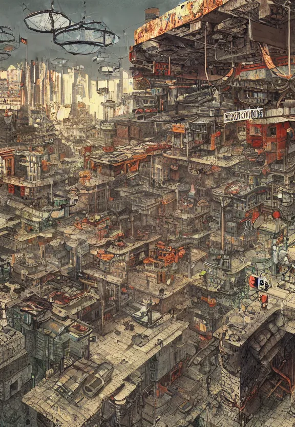 Image similar to [Underground colony with checkered flags, rust and brutalist buildings and little mushrooms. Propaganda poster, intricate, elegant, highly detailed, digital painting, artstation, concept art, matte, sharp focus, illustration, art by Enki Bilal and Moebius]