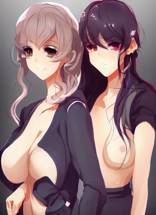 Prompt: two beautiful mature idols, intricate outfits, gorgeous faces, smooth, thick lines, cinematic lighting, detailed anime art