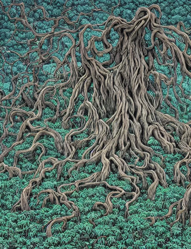 Image similar to an ancient tree with gnarled roots on a hill, there are rivulets of water running down and a maze on the ground by james jean and pascal blanche