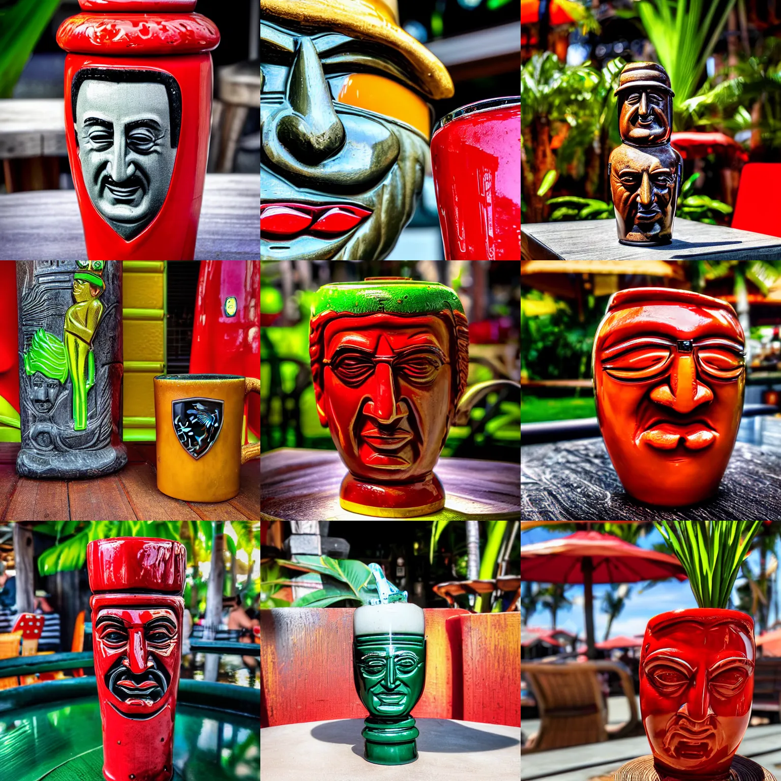 Prompt: a closeup photorealistic photograph of a glossy ferrari themed tiki mug at at an outdoor trader vic's bar featuring the happy enzo ferrari's face. tiki theme. bright scene. fine detail. this 4 k hd image is trending on artstation, featured on behance, well - rendered, extra crisp, features intricate detail, epic composition and the style of unreal engine.