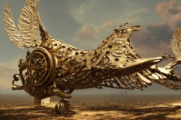 Prompt: Gigantic luxury baroque steampunk birdshaped spaceship made of bone, rendered in unreal engine 5, cryengine, arnold and zbrush, epic lighting