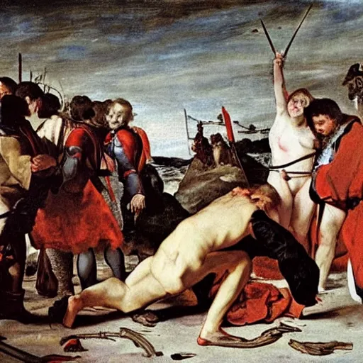 Prompt: The blood-dimmed tide is loosed and everywhere the ceremony of innocence is drowned, painted by Diego Velazquez