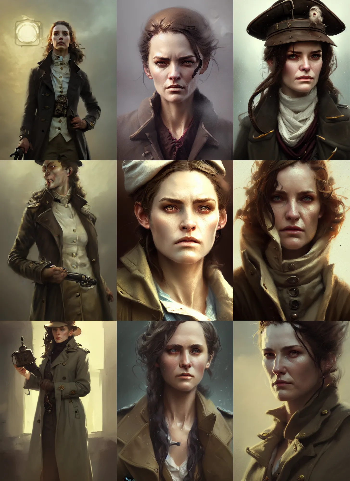 Prompt: portrait of a rugged female sea captain in a trenchcoat, victorian, concept art, woman, detailed face, fantasy, close up face, highly detailed, cinematic lighting, digital art painting by greg rutkowski