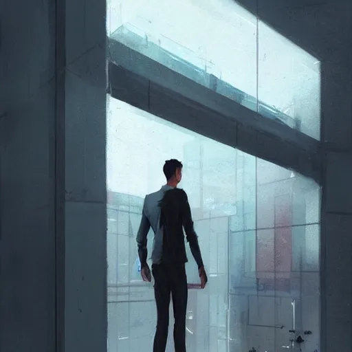 Image similar to concept art by greg rutkowski, very tall and thin young man, standing drinking a coffee looking out a large rectangular window inside a futuristic office, reddish exterior lighting, scifi, highly detailed portrait, digital painting, artstation, concept art, smooth, sharp foccus ilustration, artstation hq