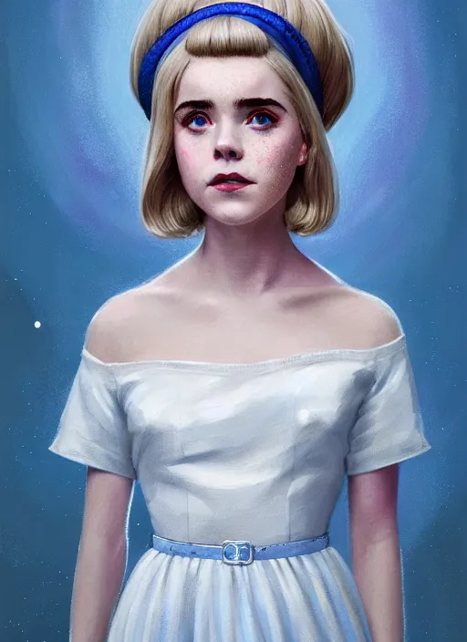 Image similar to portrait of kiernan shipka with freckles, white hair, big 1 9 6 0 s bob hairstyle with bangs and hairband, blue 1 9 6 0 s dress, intricate, elegant, glowing lights, highly detailed, digital painting, artstation, concept art, smooth, sharp focus, illustration, art by wlop, mars ravelo and greg rutkowski