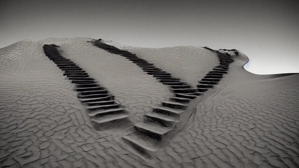 Image similar to stairs going nowhere in the middle of a desert, surrealism photography by Sarolta Bán