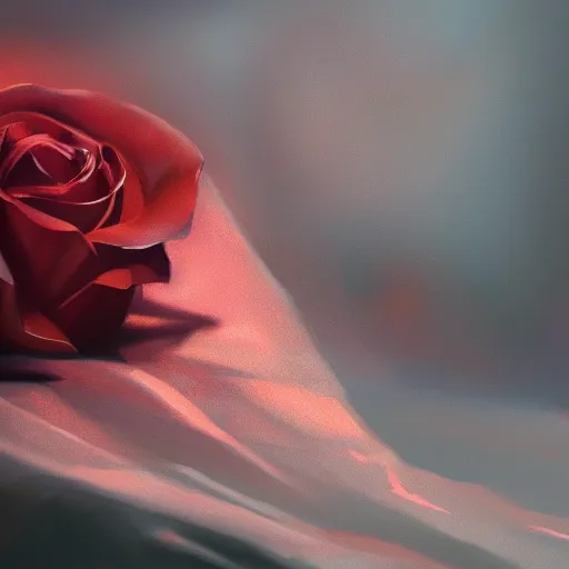 Image similar to a Rose lying on silk cloth, fog, volumetric lighting, intricate, elegant, highly detailed, digital painting, concept art, smooth, sharp focus, illustration, trending on artstation